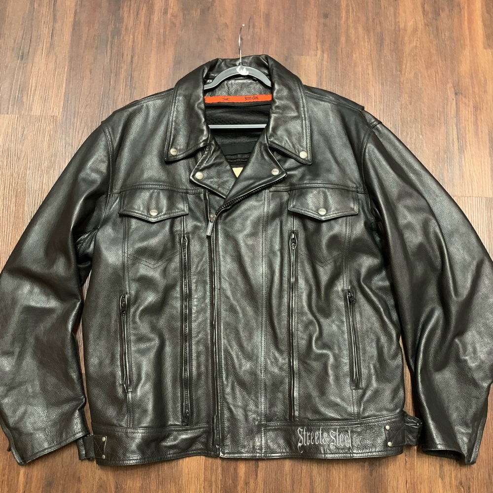 Street & Steel Men’s Black Leather Motorcycle Jacket Biker Moto Armor Ready